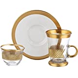 Juego de té turco Pasabahce Juego de platos y vasos de té de 18 piezas, 22K (oro), juego de té hecho a mano vintage, diseño de maestros de vidrio turcos, capacidad: 140 cc